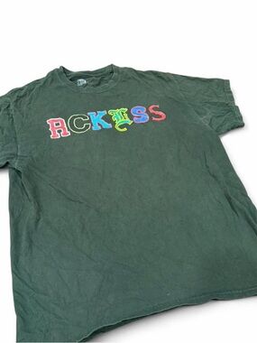 Green Short-Sleeve Graphic Tee with Multicolor Lettering